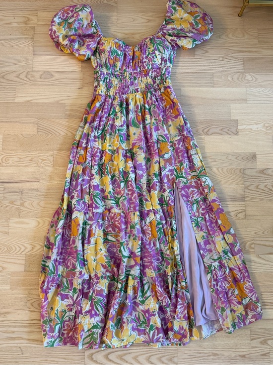 Astr Dresses & Skirts - Astr Florentina Floral Puff-Sleeve Midi Dress in Pink, Orange, Yellow and Green